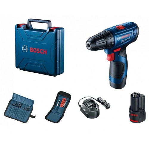 BOSCH GSR 120-LI Akku-Bohrschrauber mit Zubehör, 2x 12V 2.0Ah 06019G8002